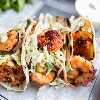 Grilled Shrimp Tacos with Chile Crunch Slaw