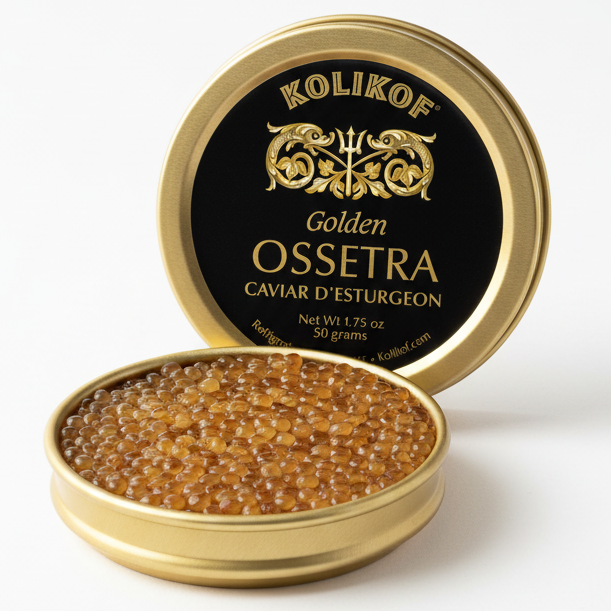 Kolikof Golden Ossetra caviar in a metal container on a white background