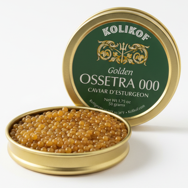 Kolikof Golden Ossetra 000 caviar in a gold and green tin on a white background