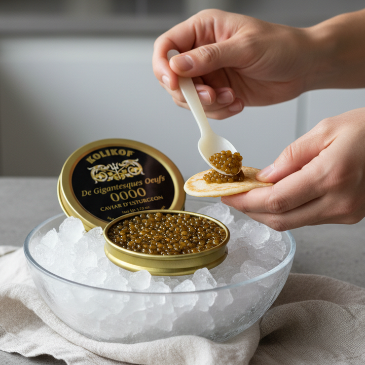 Person scooping gold-colored substance from a container with a spoon on a kitchen counter.