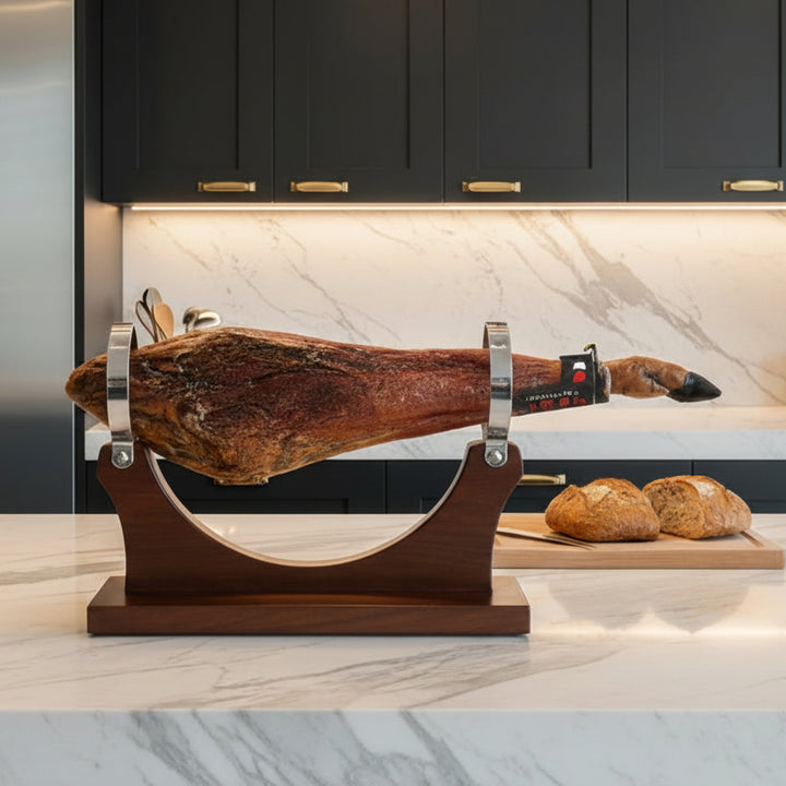 Cured ham with a label on a white background